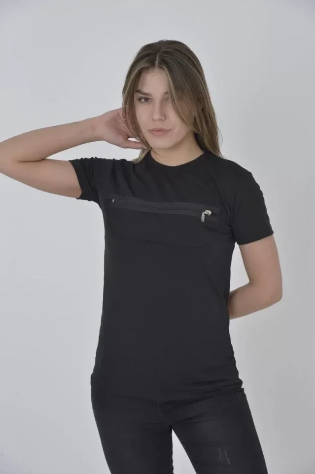 Buğrahayalin Göğüste Fermuar Aksesuarlı Dar Kalıp T-shirt - Siyah Siyah