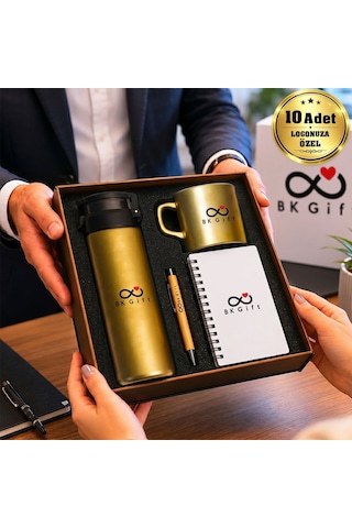 Logonuza Özel 10 Adet Ahşap Kutulu Gold Kurumsal Hediye Seti Cam Suluk, Seramik Fincan, Defter Ve Kalemli Promosyon Seti