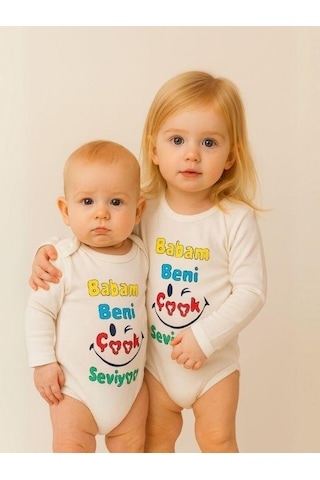 Zekids Bebek Babam Beni Çok Seviyor Yazılı Pamuklu Uzun Kol Çıtçıtlı Body-16093 Ekru