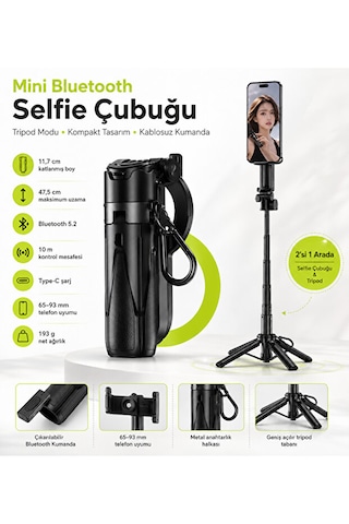 Bluetooth 5.2 Selfie Çubuğu Ve Tripod 47,5 Cm Teleskopik Uzaktan Kumandalı