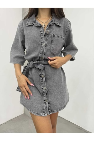 Shevega Kadın Füme Kuşakli Tek Cep Kısa Kot Elbise Füme