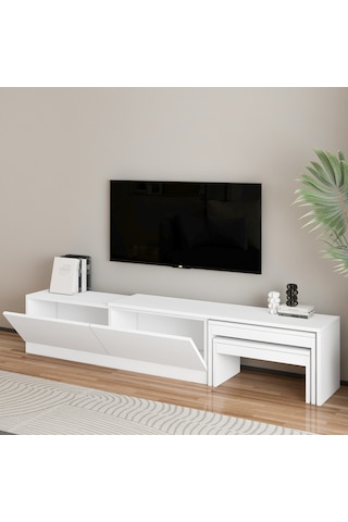 Nest Tv Sehpası Modern Tasarım,2 Kapaklı Depolama Ve İkili Zigon Sehpa İle Fonksiyonel Mobilya Beyaz