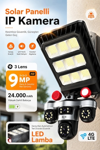 Exenar - Siyah - Sim Kartlı Güneş Enerjili Kamera Ve Led Projektör 13w 3 Lens Dış Mekan Güvenlik Kamerası Blm102