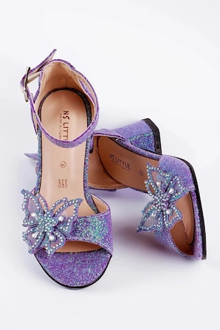 Nese Shoes Kelebekli Kız Çocuk Topuklu Ayakkabı, Simli Abiye Ayakkabı Mor