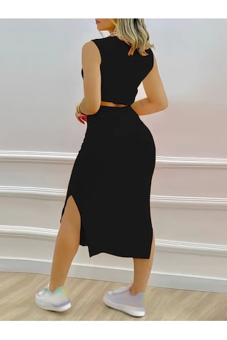Efnaz Style Kadın Iki Iplik Crop Etek Ikili Takım Siyah