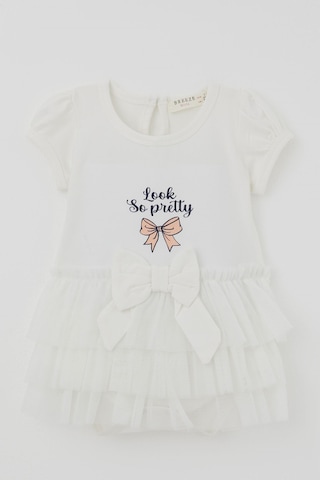 Breeze Kız Bebek Kısa Kollu Çıtçıtlı Zıbın Elbise Tütü Etekli Fiyonk Detaylı 6 Ay - 2 Yaş , Ekru