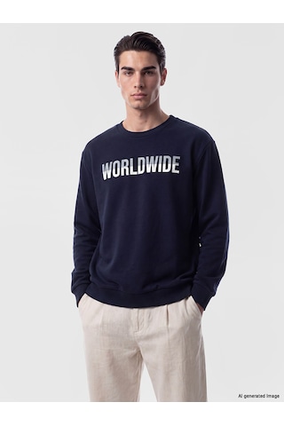 LC Waikiki Lc Waıkıkı Lacivert Bisiklet Yaka Baskılı Erkek Sweatshirt