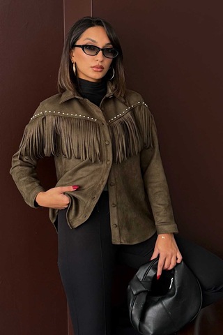 Verymoda Püsküllü Droplı Scuba Süet Gömlek - F2029 Haki