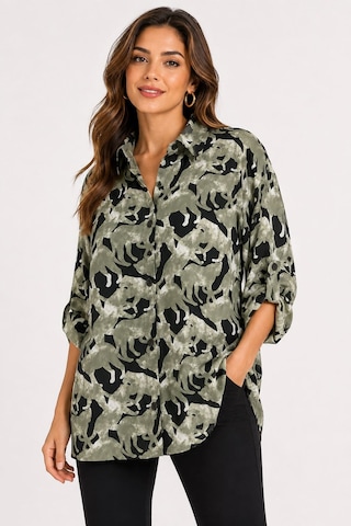 Neden Tekstil Kadın Oversize Desenli Uzun Kol Gömlek - Yeşil