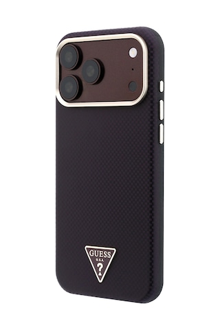 Apple iPhone Uyumlu 18 Pro Max Kılıf Guess Lisanslı M-safe Pu Metal Üçgen Logolu Karbon Fiber Kevlar Kapak Bordo