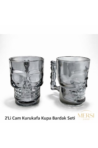 2 Li Cam Kurukafa Kupa Bardak Seti Gotik Tasarım Şeffaf Skull Kupa