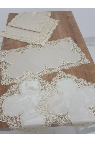 Violetta Lüx Güpürlü Osmanlı İpeği Kumaş Bej Salon Takımı 5 Parça 1038 Bej