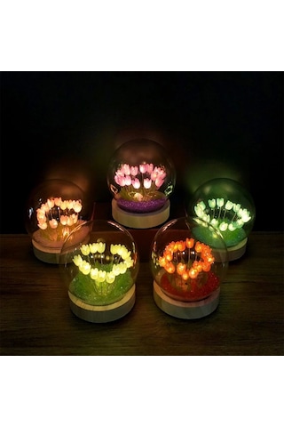 Led Işıklı Lale Cam Fanus Çok Renkli