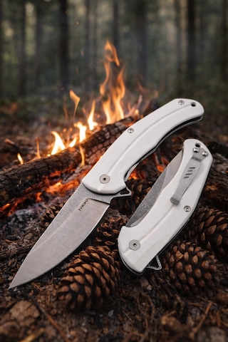 El Yapımı N690 Böhler Çelik Kamp Çakı İçten Kilitli, Kemer Klipsli Outdoor Tasarım Beyaz
