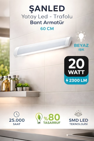 60 Cm 20 Watt Yatay Led Bant Armatür-trafolu Beyaz Işık-10 Adettir