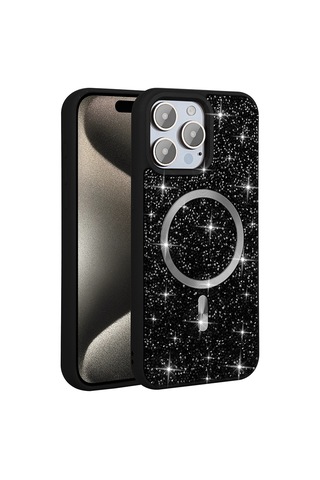 Ecruz iPhone Uyumlu 15 Pro Kılıf Pırlanta Tasarımlı Magsafe Şarj Özellikli Ecrz Mozaik Silikon Kapak - Titanyum-g Gri