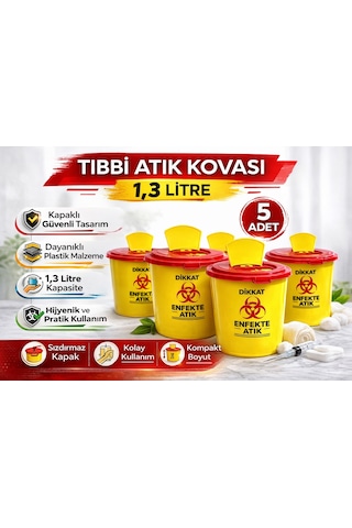 Tıbbi Atık Kovası 1,3 Litre 5 Adet Kapaklı Tıbbi Atık Kutusu Enfekte Atık Kovası Seti Çok Renkli