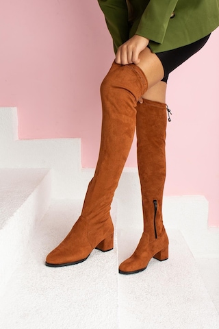 Shoetek Karissa Kadın Çizme Fermuarlı Kalın Topuklu Streçli Taba Süet TABA SÜET