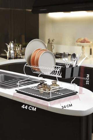 2 Katlı Beyaz Bulaşıklık Dayanıklı Paslanmaz Termoplastik Kaplama Bulaşık Sepeti, Tepsili, Tabak Ve Kaşık Kurutmalık - Beyaz - Siyah