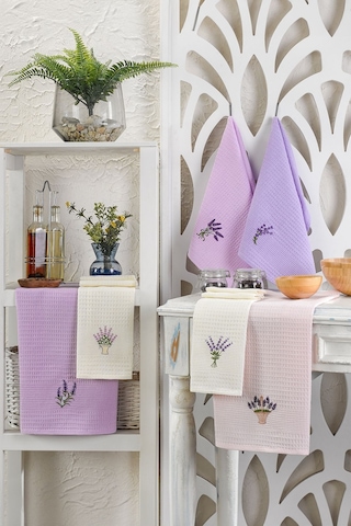 6lı Kurulama Peçetesi Nakışlı 40x60 Lavanta Lila-beyaz