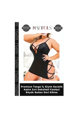 Hadpols Premium Tanga İç Giyim Gecelik Kadın Sırt Dekolteli Fantezi Büyük Beden Deri Elbise Siyah