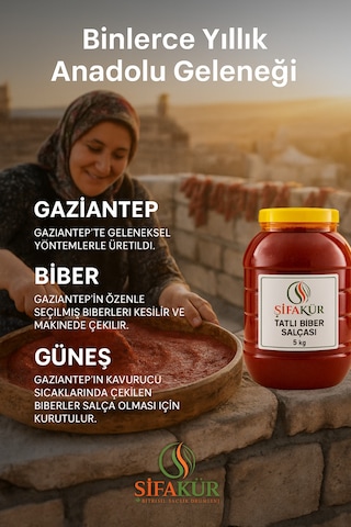 Şifakür Tatlı Biber Salçası Güneşte Kurutulmuş Doğal Gaziantep Ev Yapımı Yemeklik 5 Kg