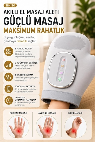 Elektrikli El Masaj Aleti Isıtmalı, 3 Masaj Modu 5 Yoğunluk Seviyesi, 3 Kademe Isıtma, 2000 Mah Şarjlı, Parmak Avu