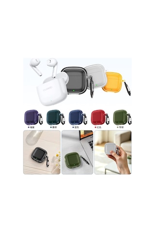 Huawei Freebuds Se 2 / Se 3 İle Kılıf Deri Dokulu Tpu Koruyucu Case Metal Karabinalı Şarj Girişli Lacivert