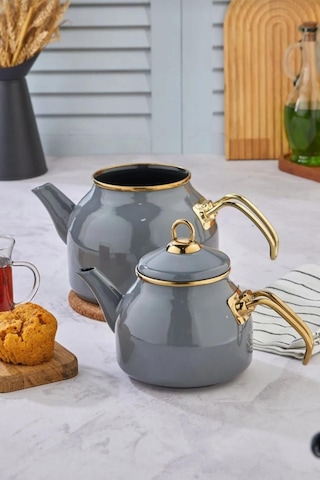 Emaye Özel Tasarım Yapışmaz Yüzey Büyük Boy Demlik Seti Emaye Çaydanlık Üst 1.4 L Alt 2.6 L Gri