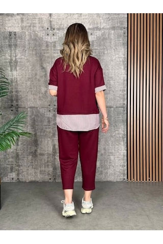 Defymoda Kadın Modal Kumaş Çizgili Gömlek Yaka Ikili Takım Kırmızı