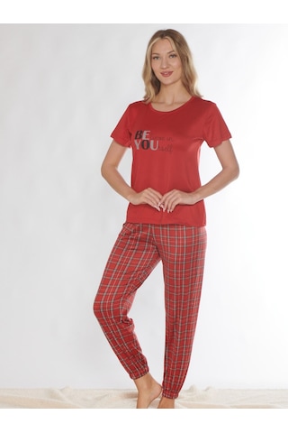 Kısa Kol Pijama Takımı Yazlık Viskon Ekose Desen Dowry 08-130 Kırmızı