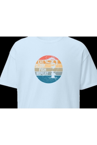 Wildstyle Retro Balık Gün Batımı Vintage Balıkçılık Deniz Baskılı Unisex Bisiklet Yaka Pamuklu Tişört Bebek Mavisi