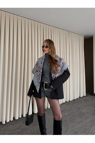 Laluvia Gri - Bordo Desenli Triko Şal - 251003 Bordo - Gri
