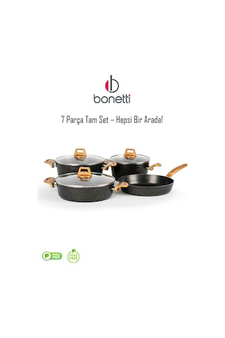 Bonetti 7 Parça Granit Tencere Seti Yapışmaz, Çizilmez, Kolay Temizlik Cam Kapaklı Tencere Takımı Siyah