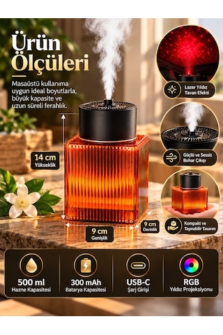 500ml Şarjlı Araç İçi Hava Nemlendirici Rgb Lazer Yıldız Efektli 300mah