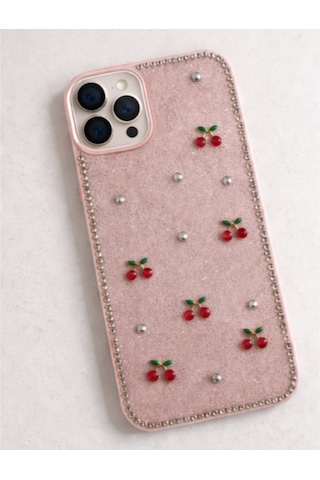 Apple Uyumlu iPhone 16 Pro Max Kiraz Figürlü Simli İnci Taşlı Lüx Silikon Kılıf Pembe