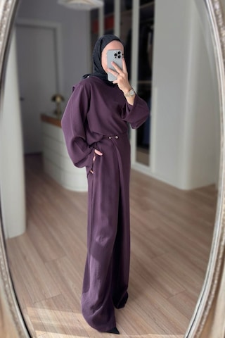 Ka Hijab Kruvaze Pantolonlu Salaş Takım - Mürdüm Bordo