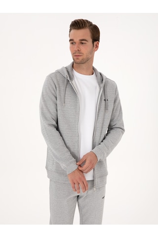 Gri Melanj Regular Fit Pamuk Karışımlı Tam Fermuarlı Sweatshirt