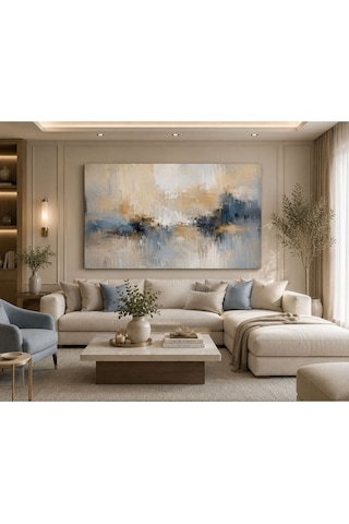 Soft Harmony Soyut Kanvas Tablo Bej, Krem Ve Mavi Tonlu Fırça Dokulu Modern Duvar Dekoru Minimalist Salon, Yatak Odası Ve Ofis Tablosu