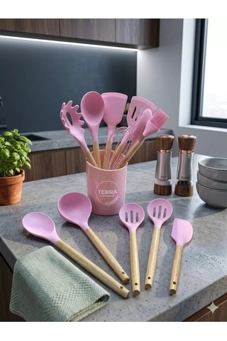 Mey İthalat 12 Parça Bambu Saplı Silikon Mutfak Gereçleri Seti - Pembe Mutfak Servis Seti Çok Renkli