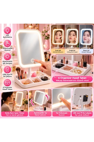 Yumurcak Shop Dokunmatik Led Işıklı Kare Makyaj Aynası Altı Organizer Kaseli, Ayarlanabilir Aydınlatmalı Masaüstü Makyaj Ve Cilt Bakım Aynası 15x25cm