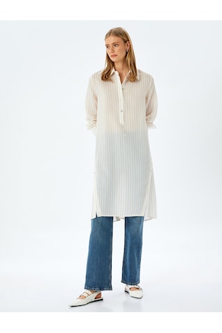 Koton Çizgili Gömlek Yaka Uzun Kollu Oversize Midi Tunik Elbise Kahverengi Çizgili 5sak80063uw 5s5