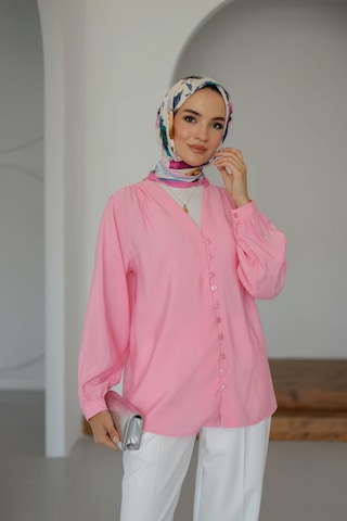 Moonsc Kadın Regular Fit V Yaka Önü Brit Detaylı Tesettür Pembe Gömlek