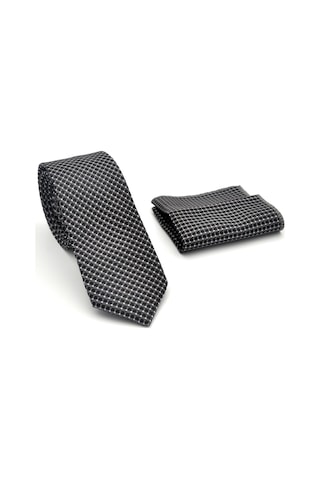 Beyaz Küçük Kare Desenli Füme Dokuma Kumaş Mendilli Slim Fit Kravat // Sdk-2511-6 Füme