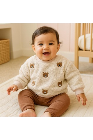 Bear Kafalar Nakışlı Omuzdan Çıtçıtlı Pantolonda Cep Detaylı Welsoft 2 Parça Takım Açık Kahverengi