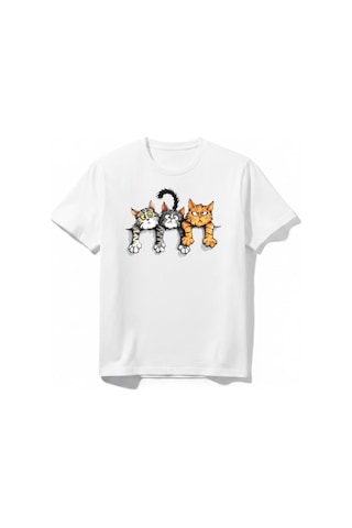 Urbantrendstore Kedi Baskılı Basic Baskılı Yaz Tatil Kız Çocuk Erkek Çocuk Unisex Bisiklet Yuvarlak Yaka Basic Kısa Kollu %100 Pamuk Tişört Beyaz