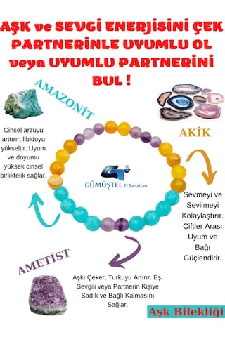 Gümüştel El Sanatları Sertifikalı Aşk,sevgi,çiftler Arası Uyum Doğal Taş Tılsım Bilekliği Amazonit, Akik Ve Ametist Çok Renkli