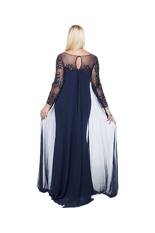Moda Berray 8028 Uzun Kollu Arkası Şifon Kuyruklu Abiye Elbise Lacivert Lacivert