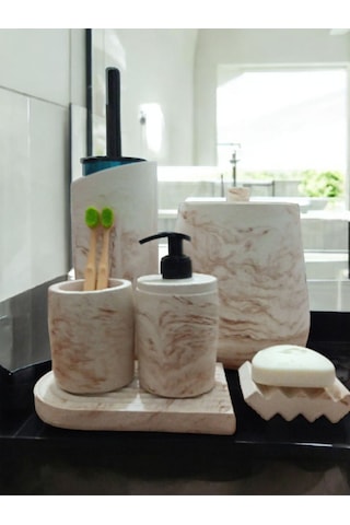 Mermer Serisi Beton Banyo Seti,çöp Kovasi,tuvalet Fırçası Takimı,tepsi,sıvı Ve Katı Sabunluk, Bej