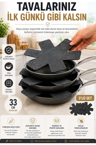 3'lü Antrasit Tava Çizdirmez Keçe Koruyucu 33 Cm Tava Tencere Ayırıcı Çizik Önleyici Organizer Set